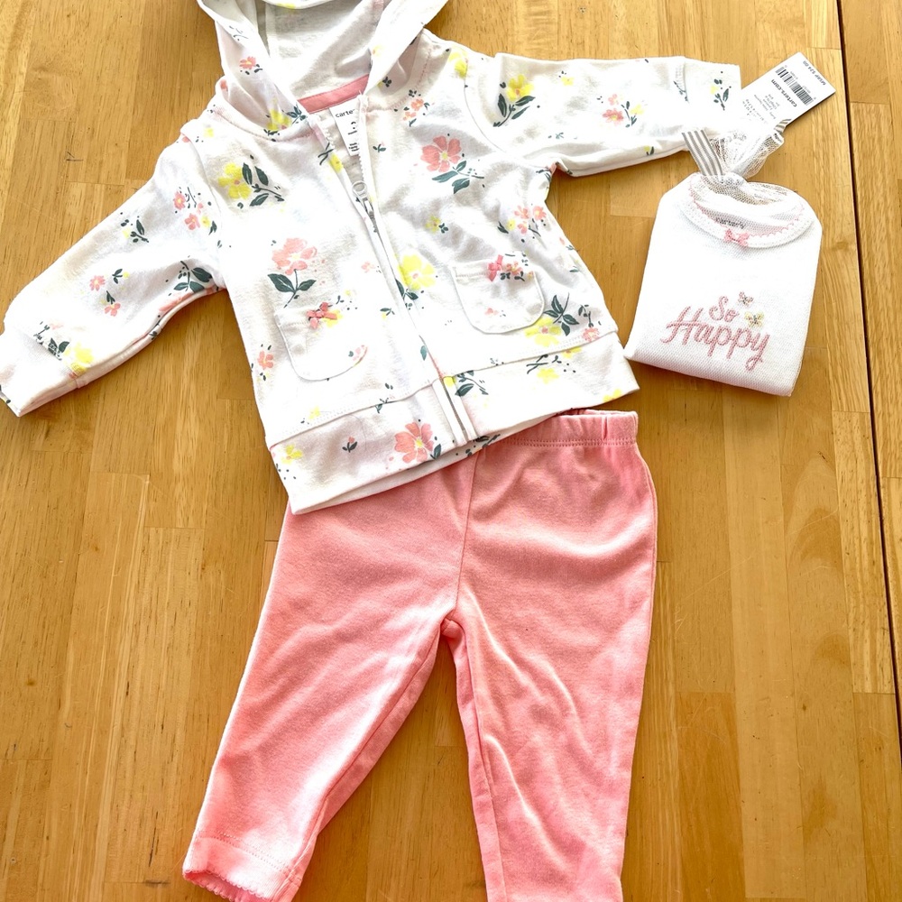 NWT! Carters Baby Girl Floral Outfit Jacket Pants & One Piece 3 Mos